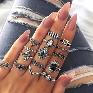 15 pc set Retro Midi Rings Silver and Black